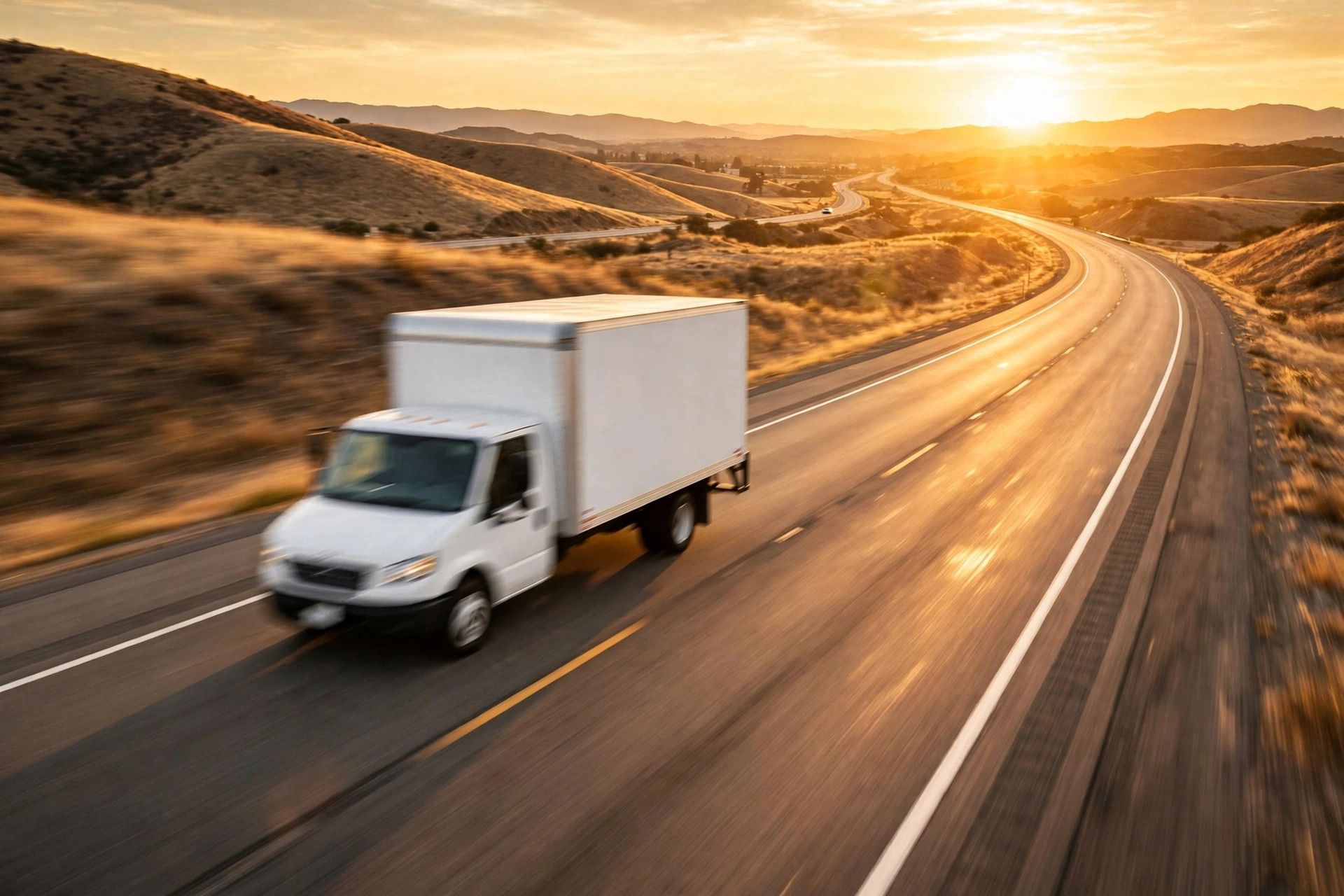 A moving truck on the open highway at golden hour
